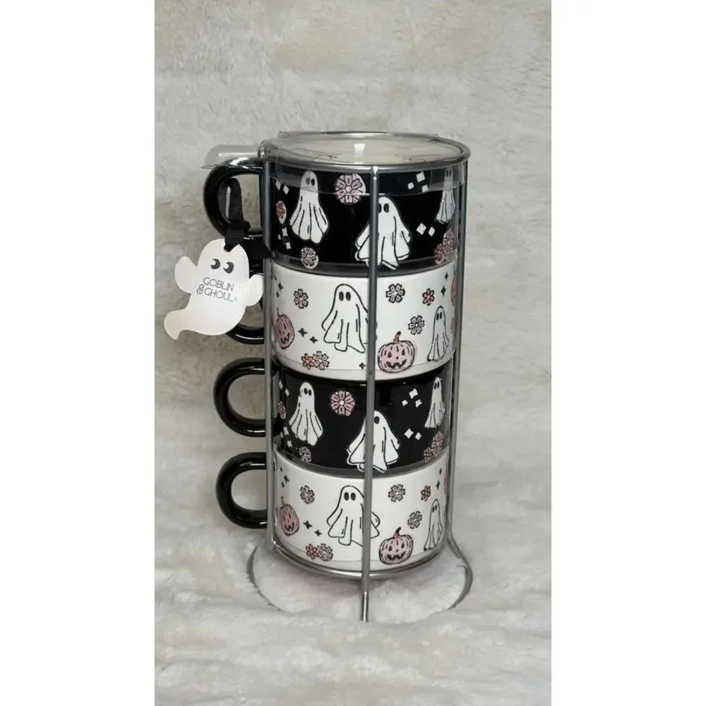 Goblin & Ghoul Ghost & Pumpkin Stacking Mug Set – Coffee Cups with Metal Stand